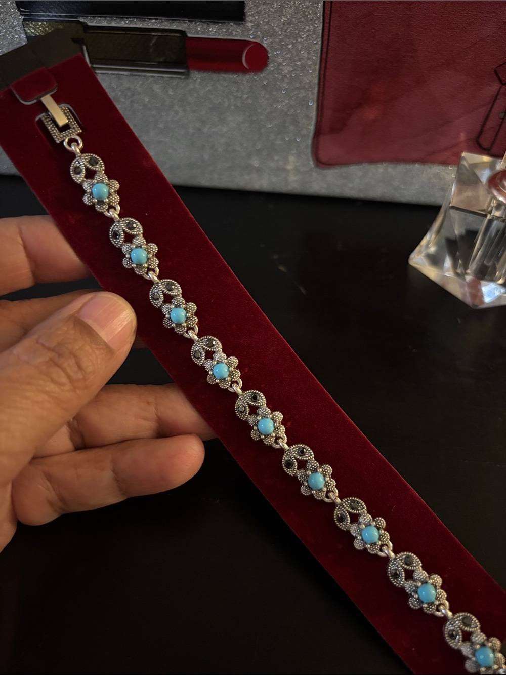 7” Turquoise Stone Silver-Tone Floral Bracelet - Women Jewelry
